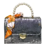 Luxury Pearl Handle Handbag for Women – Silver Metallic Party Purse with Scarf Accent - Image 2