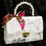Luxury Pearl Handle Handbag for Women – Silver Metallic Party Purse with Scarf Accent - Image 5