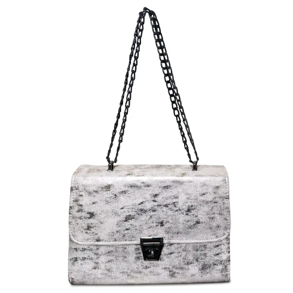 Silver Textured Shoulder Bag with Chain Strap – Elegant & Versatile