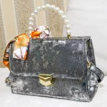 Luxury Pearl Handle Handbag for Women – Silver Metallic Party Purse with Scarf Accent - Image 4