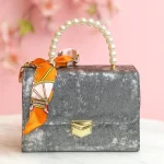 Luxury Pearl Handle Handbag for Women – Silver Metallic Party Purse with Scarf Accent