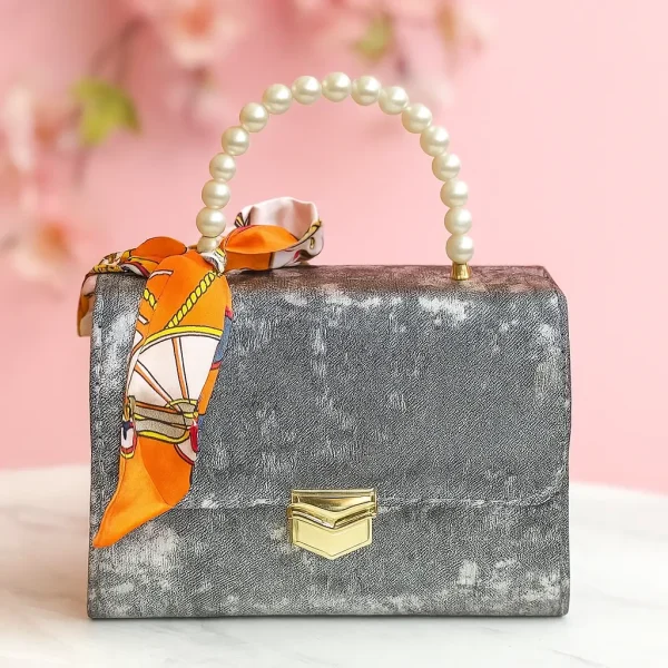 Luxury Pearl Handle Handbag for Women – Silver Metallic Party Purse with Scarf Accent
