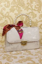 Luxury Pearl Handle Handbag for Women – Silver Metallic Party Purse with Scarf Accent - Image 6